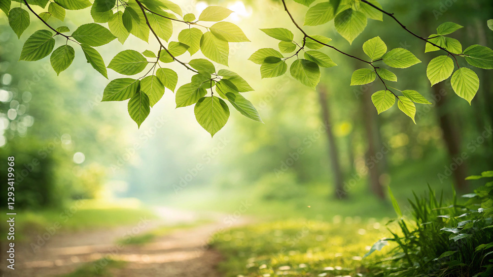 Obraz premium A soft, blurred nature background featuring lush green foliage with hints of sunlight filtering through the leaves. The out-of-focus effect creates a dreamy, serene atmosphere
