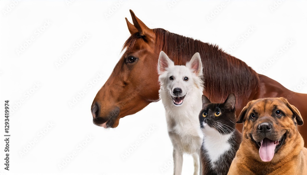 Fototapeta Whimsical Collage featuring a Horse and Various Pets on a White Background, Expressing a Blend of Playful Elegance and Harmonious Coexistence within a Pure Setting.