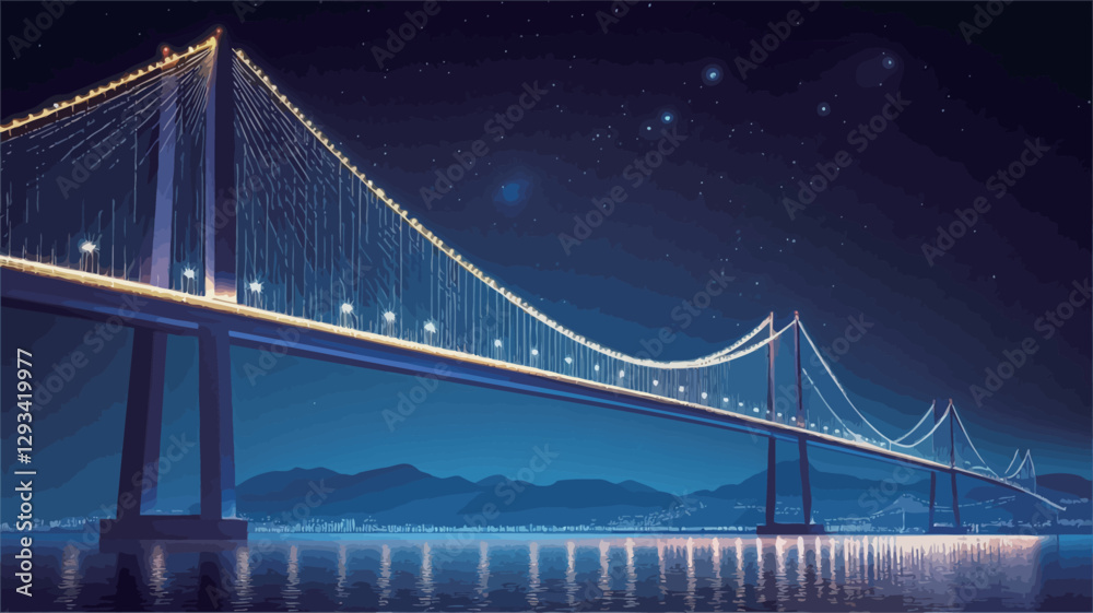 Fototapeta premium The image depicts a long shot of a modern suspension bridge at night. The bridge is brightly illuminated, with lights lining its structure and cables. The bridge stretches across a calm body of