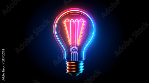 Creative neon light bulb glowing with vibrant colors against a dark background, a symbol of innovation.