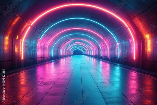 Colorful neon lights illuminate a modern tunnel with vibrant reflections on the floor during nighttime
