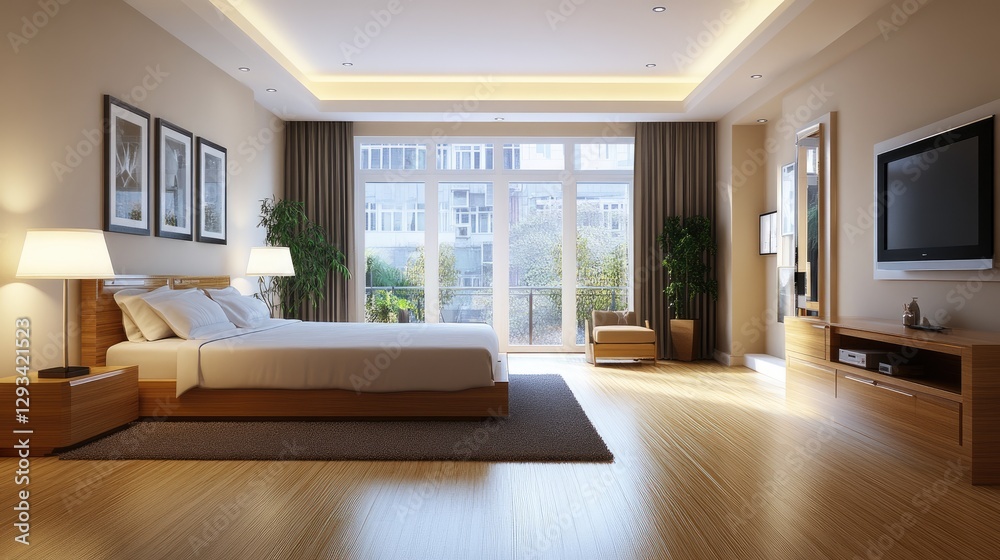 Fototapeta premium A clean yet warm bedroom with light-colored bedding, natural wood, and gentle lighting.