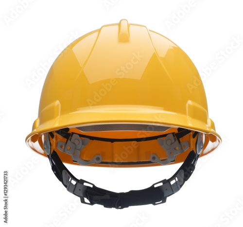 yellow safety construction hat, front view isolated on white background