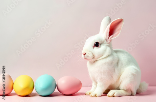White rabbit and colorful eggs on a multicolored pastel background, free space for text, Easter background.