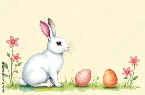 White rabbit and a few colorful eggs and summer flowers on pastel beige background, watercolor painting, empty space for text.