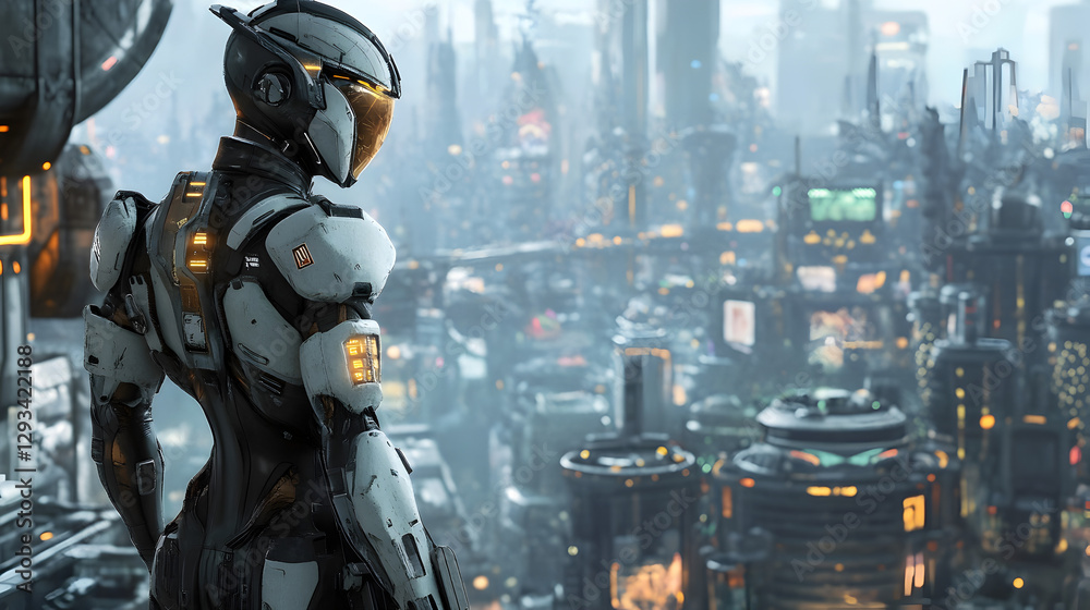 bounty hunter standing on a rooftop, looking over a glowing futuristic city with a mechanical arm and visor bounty hunter standing on a rooftop, looking over a glowing futuristic city with a mechanical arm and visor