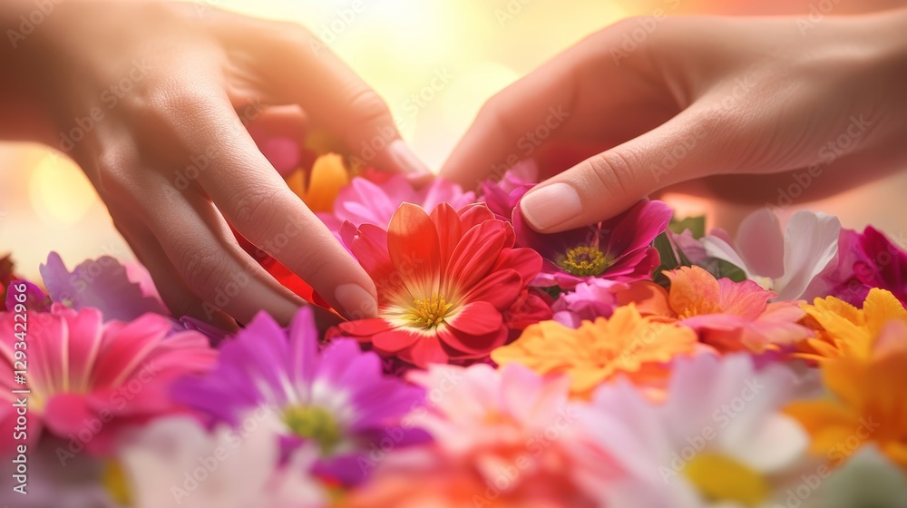 Fototapeta premium Floral Symmetry: Hands Arranging Colorful Daisies 