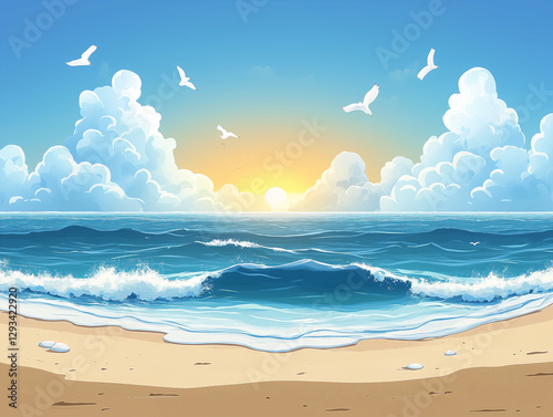Fun and carefree seaside escape, beachside relaxation cartoon.