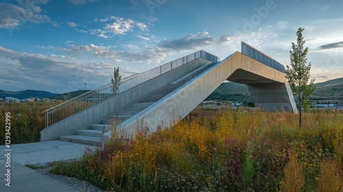Modern concrete pedestrian bridge over wildflowers, scenic landscape at sunset.