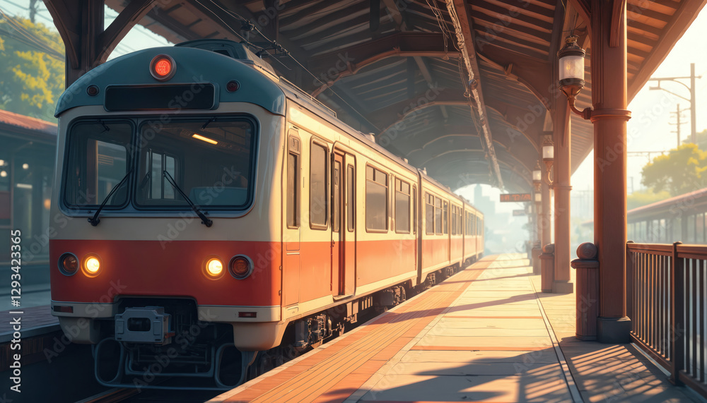 Fototapeta premium Anime-style illustration of Japanese train at station platform. Red, white train standing at railroad. Vintage style train station with wooden columns, roof. Concept of travel, tourism, commuting in