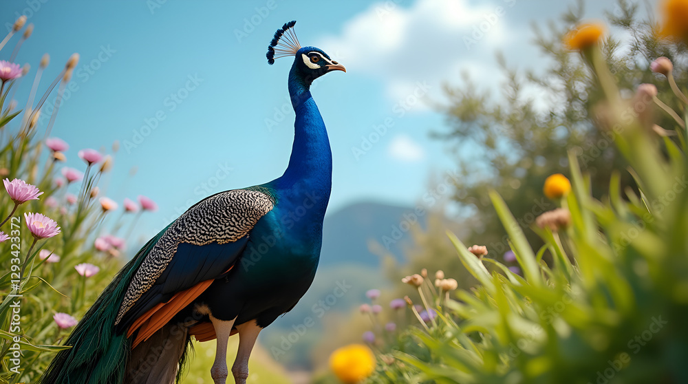 Obraz premium A stunning peacock stands proudly in a colorful meadow filled with wildflowers. Its iridescent blue and green feathers shine under the bright sunlight, with a mountain landscape in the background.