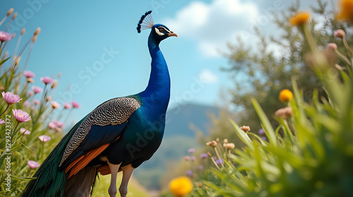 Wallpaper Mural A stunning peacock stands proudly in a colorful meadow filled with wildflowers. Its iridescent blue and green feathers shine under the bright sunlight, with a mountain landscape in the background. Torontodigital.ca