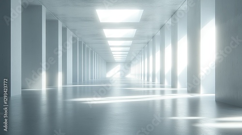 A 3D-rendered dark room opening to bright white light for conceptual designs.