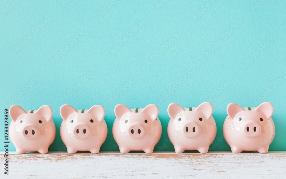 Saving for the future piggy banks row indoor photography bright background close-up financial awareness Saving for the future piggy banks row indoor photography bright background close-up financial awareness