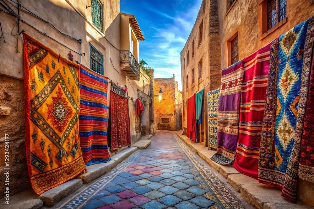 Fototapeta premium Vibrant Moroccan Rugs Draped on Old City Buildings, Street Scene, Exotic Textile, Travel Photography