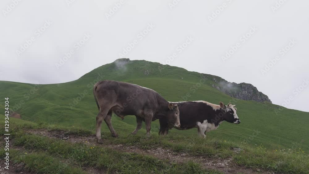 Ecological farming. Free cows on organic natural eco animal farm freely grazing in meadow. Domestic cow graze chewing grass in pasture. Modern animal livestock ecological farming. Animal rights Ecological farming. Free cows on organic natural eco animal farm freely grazing in meadow. Domestic cow graze chewing grass in pasture. Modern animal livestock ecological farming. Animal rights