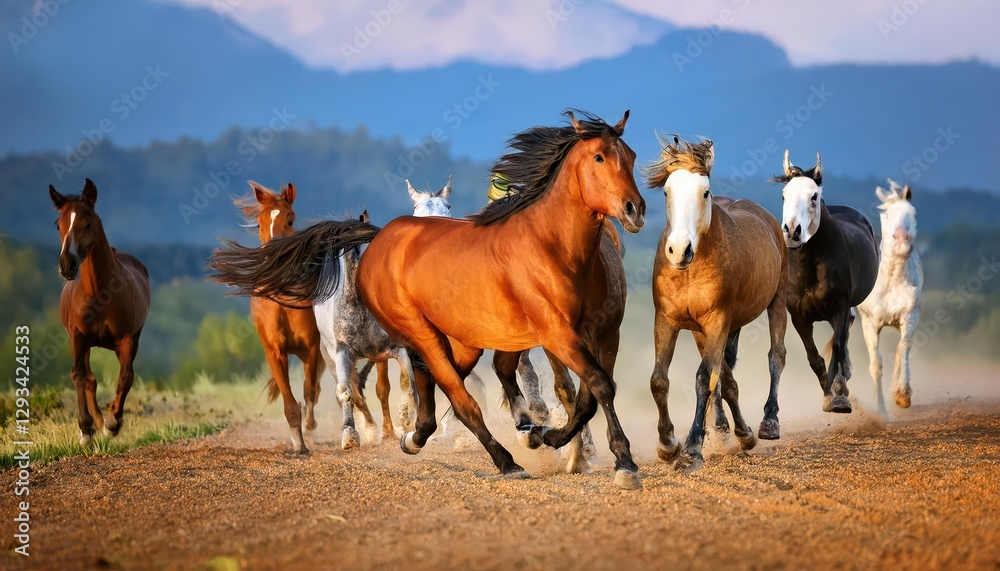 Vibrant Horses in a Blossoming Meadow Energetic Equines Galloping through a Rainbow of Blooms, Brimming with Life and Joyful Energy. Vibrant Horses in a Blossoming Meadow Energetic Equines Galloping through a Rainbow of Blooms, Brimming with Life and Joyful Energy.