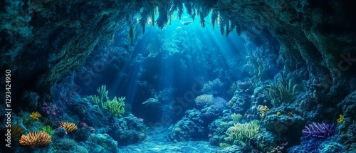 Underwater Grotto: Sunlit Coral Reef with Sea Turtle 