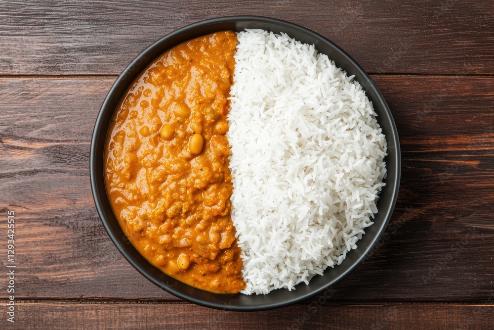 Overhead shot of a bowl of Indian chana masala with rice on a wooden table. Concept of Indian cuisine, vegetarian food, and healthy eating. Overhead shot of a bowl of Indian chana masala with rice on a wooden table. Concept of Indian cuisine, vegetarian food, and healthy eating.