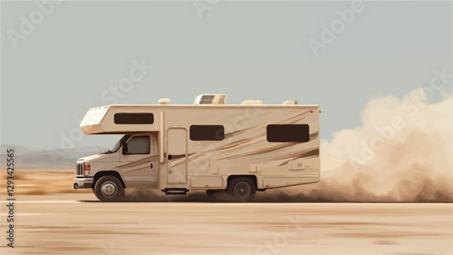 The image shows a beige motorhome driving on a flat, light brown desert road. A large cloud of dust is kicked up by the vehicle's wheels, suggesting it is traveling at a relatively high speed. The
