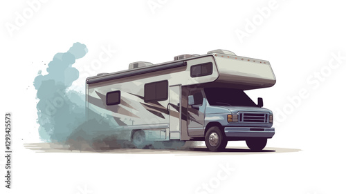 A digital illustration depicting a motorhome driving away from the viewer, leaving a trail of light-blueish dust and smoke behind it. The motorhome is predominantly beige/cream with blue accents,