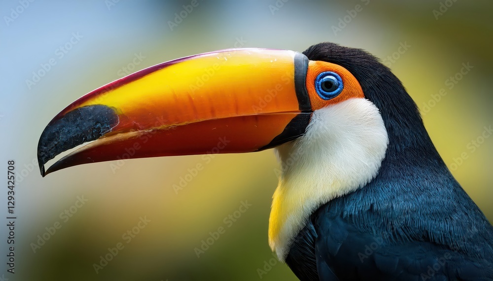 Vibrant Colorful Toucan Bird Profiled Against a Lush Tropical Backdrop, Showcasing Stunning Plumage and Eyecatching Detail, Perfect for Digital Art, Home Decor, or Design Inspiration Vibrant Colorful Toucan Bird Profiled Against a Lush Tropical Backdrop, Showcasing Stunning Plumage and Eyecatching Detail, Perfect for Digital Art, Home Decor, or Design Inspiration