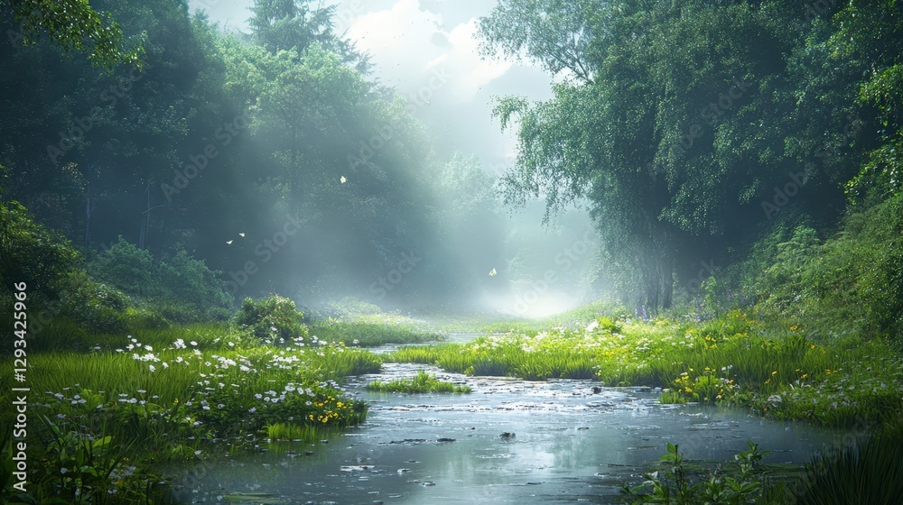 Serene Landscape with Fog and Lush Foliage Near a Calm Waterway Serene Landscape with Fog and Lush Foliage Near a Calm Waterway