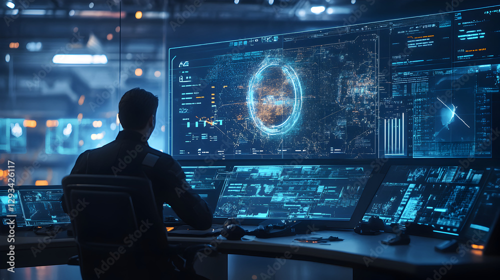 control room with a commander monitoring a holographic battlefield display filled with tactical information control room with a commander monitoring a holographic battlefield display filled with tactical information