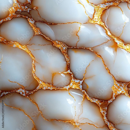 Abstract texture with smooth white and golden marbled patterns.