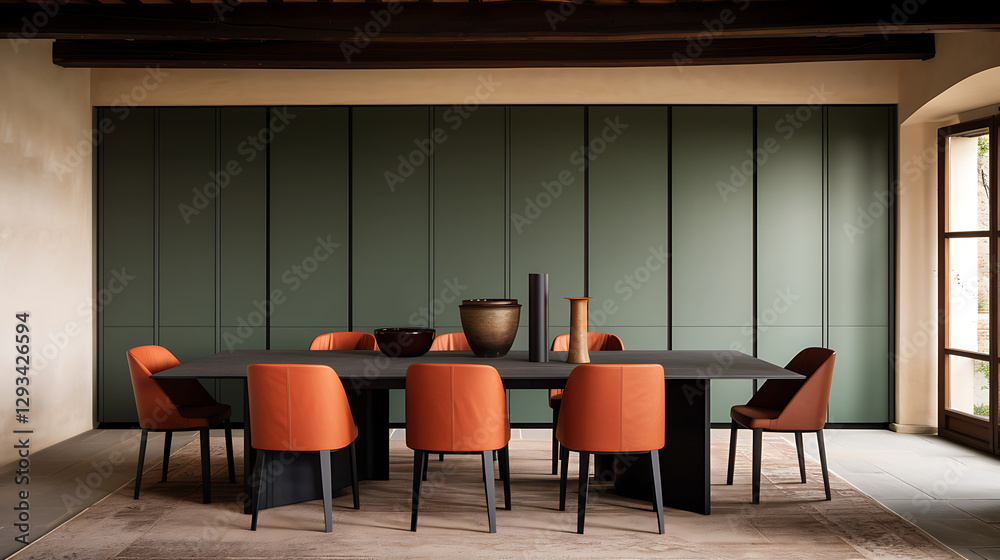 Fototapeta premium Modern Dining Room Interior Design with Orange Chairs