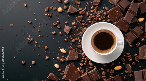 Dark Roast Coffee and Chocolate: A steaming cup of dark roast coffee sits nestled amongst scattered dark chocolate chunks and roasted coffee beans on a dark background.  The rich.