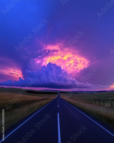 Dramatic sunset over vast fields with a long road disappearing into the vibrant purple and pink sky.