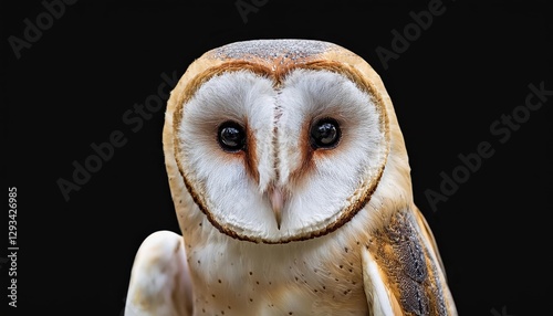 Common Barn Owl Tyto alba Head Isolated at Dawn Majestic, Aging Wisdom in a Creamy Palette, Showcasing Feather Textures and Eyes Shimmering with Anticipation photo