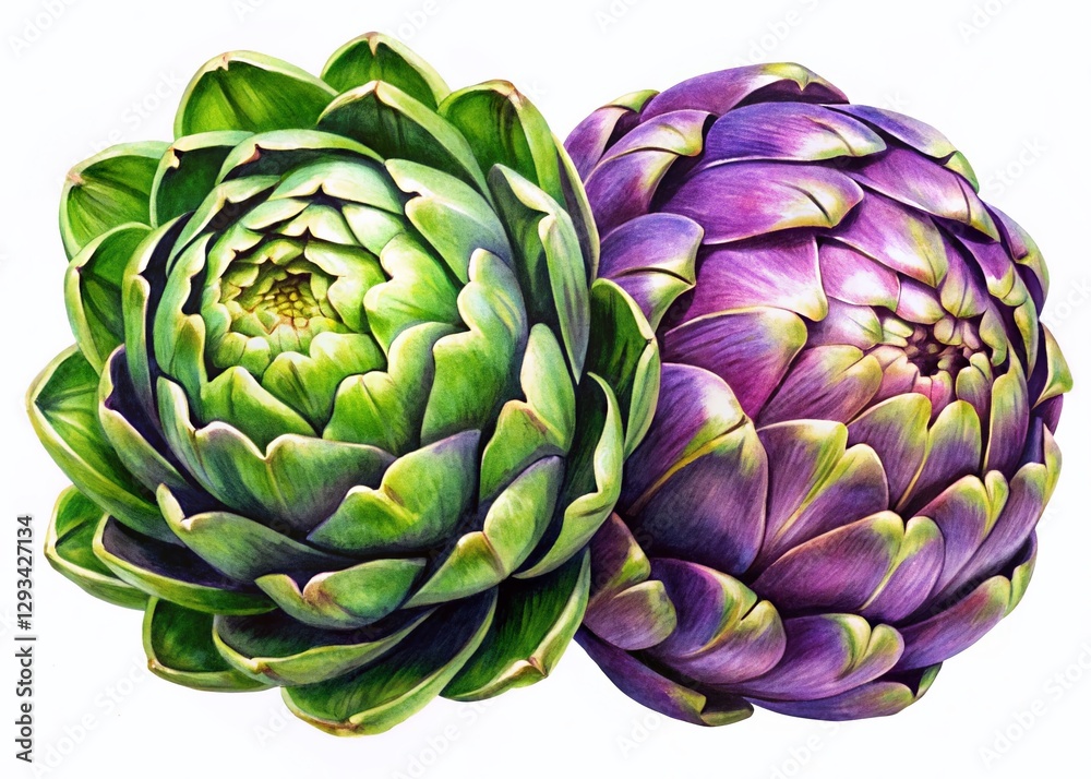 Fototapeta premium Vibrant Purple & Green Artichokes - Fresh, Hand-Drawn Watercolor Style