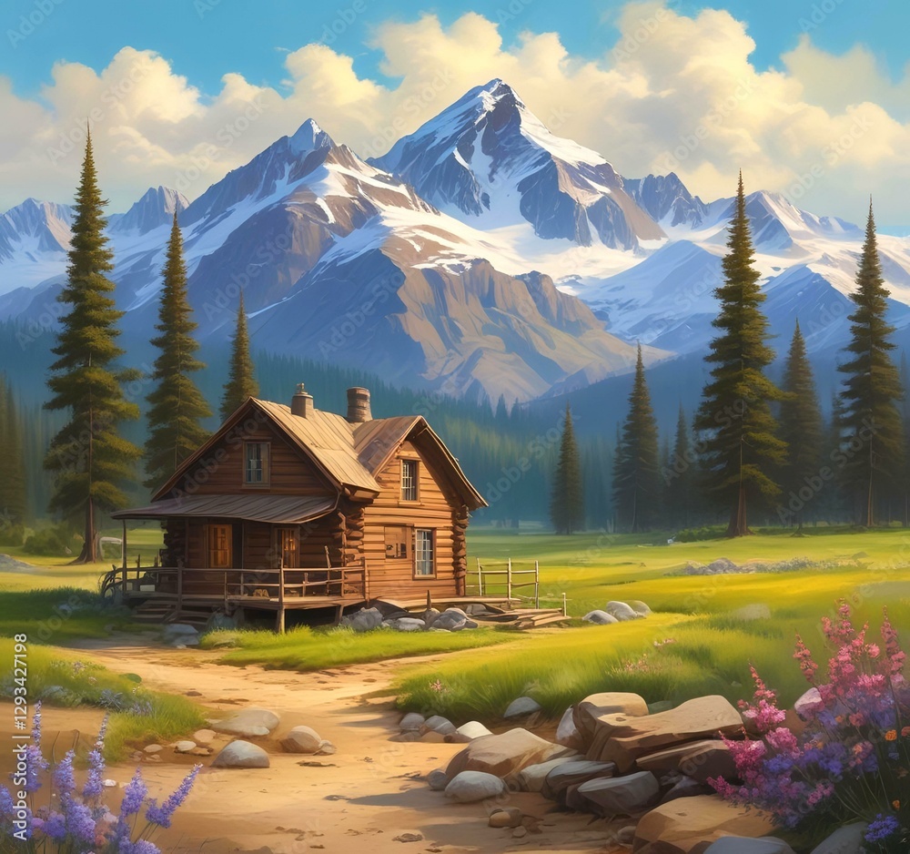 Fototapeta premium Wild landscape with stunning view and woden cottage.