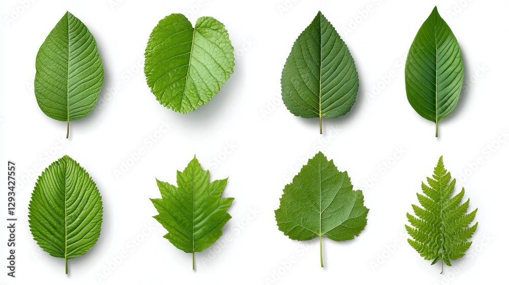 Collection of various green leaves isolated on white background. Detailed textures and subtle shadows are visible. Ideal for design elements Collection of various green leaves isolated on white background. Detailed textures and subtle shadows are visible. Ideal for design elements