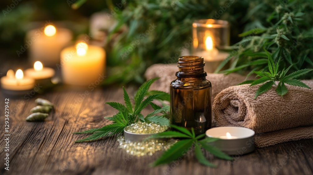 A relaxing spa setting with hemp-infused essential oils and candles. A relaxing spa setting with hemp-infused essential oils and candles.
