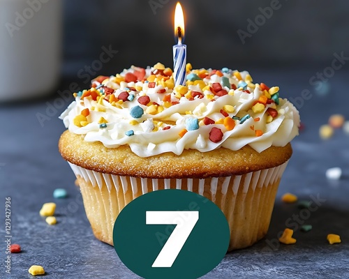 Festive cupcake, seventh birthday, dark background