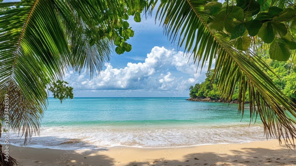 Naklejka premium Palm leaves framing a view of the ocean and golden sand, a scenic tropical spring break destination