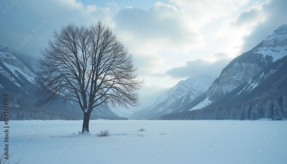 Leafless Tree Quiet in Snowy Field against Winter Mountains