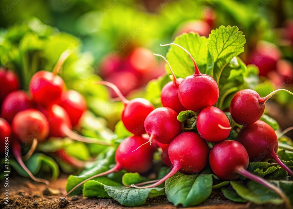 Obraz premium Vibrant Red Radishes with Green Tops - Tilt-Shift Photography Stock Photo