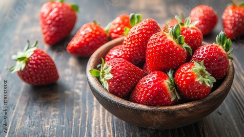 Fresh strawberries in wooden bowl on rustic table 