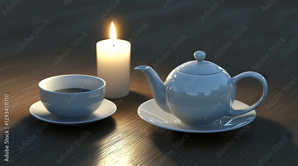 Fototapeta premium A simple but elegant tea setup with a classic porcelain set and soft candlelight.
