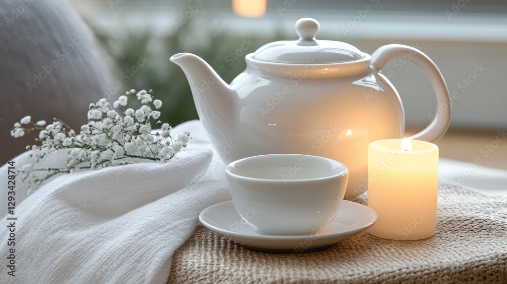 A simple but elegant tea setup with a classic porcelain set and soft candlelight. A simple but elegant tea setup with a classic porcelain set and soft candlelight.
