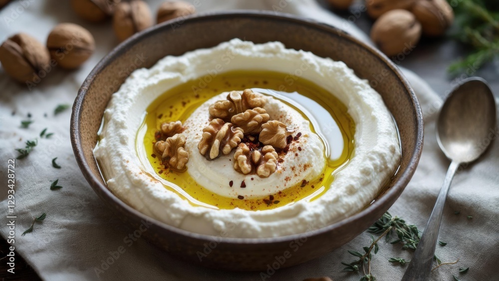 Delightful yogurt dish with walnuts and olive oil on a wooden table Delightful yogurt dish with walnuts and olive oil on a wooden table