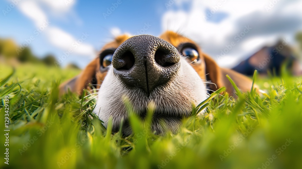 Obraz premium Beagle leżący w trawie z nosem na pierwszym planie