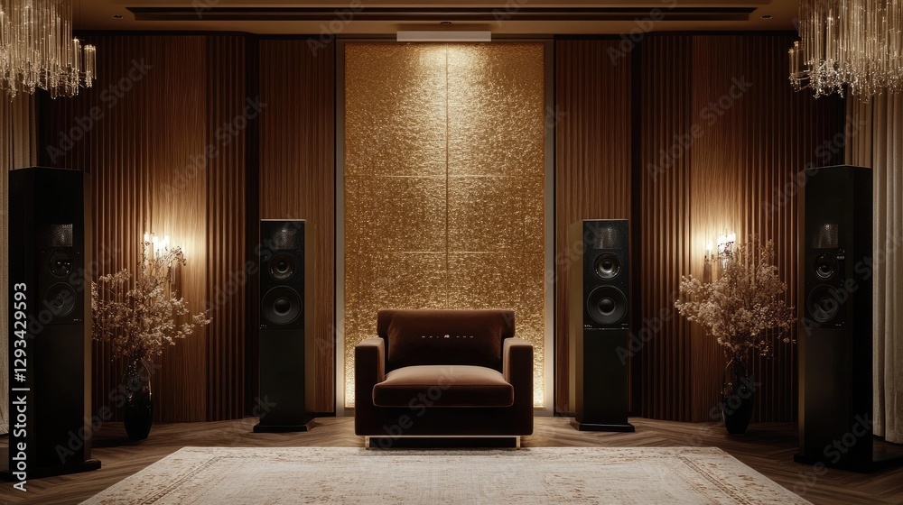 Fototapeta premium A soft and inviting music corner with elegant speakers, a velvet armchair, and dim lights.