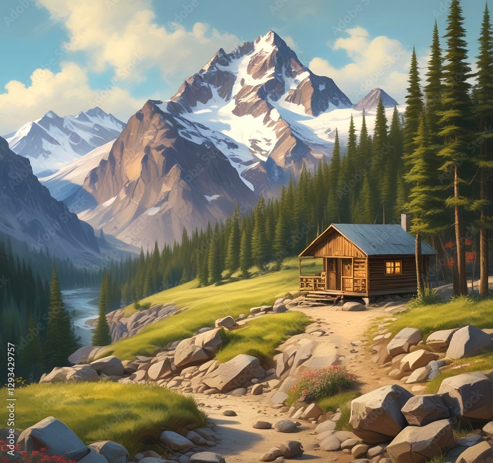 Fototapeta premium Wild landscape with stunning view and woden cottage.