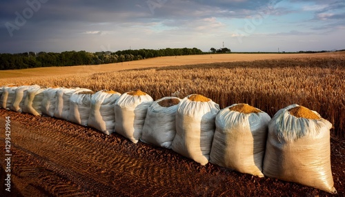 Compound Feed Sacks Filled with Fresh Green Fodder Under a Bright, Sunlit Sky on February th, A Warm, Rustic Scene Capturing the Essence of Serenity and Abundance.