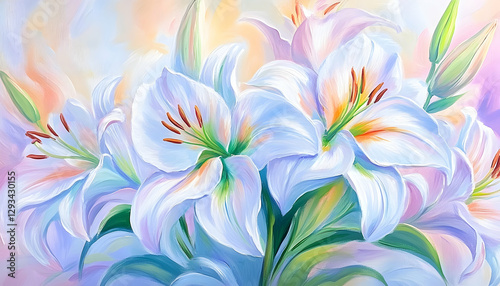 Abstract painting of white lilies in pastel colors